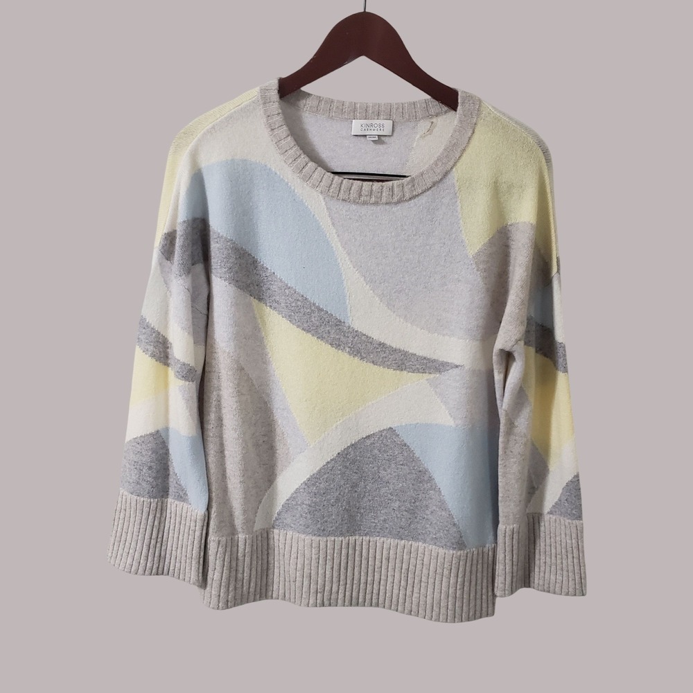Kinross Cashmere Pastel Intarsia Knit Sweater Medium Abstract Geometric Multi